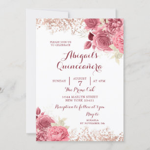 Eleganter Glitzer Rose Goldene Flora Quinceñera Einladung