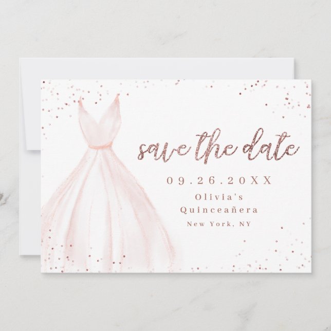 Eleganter Glitzer Rose goldfarbenes Kleid Save the Save The Date (Vorderseite)