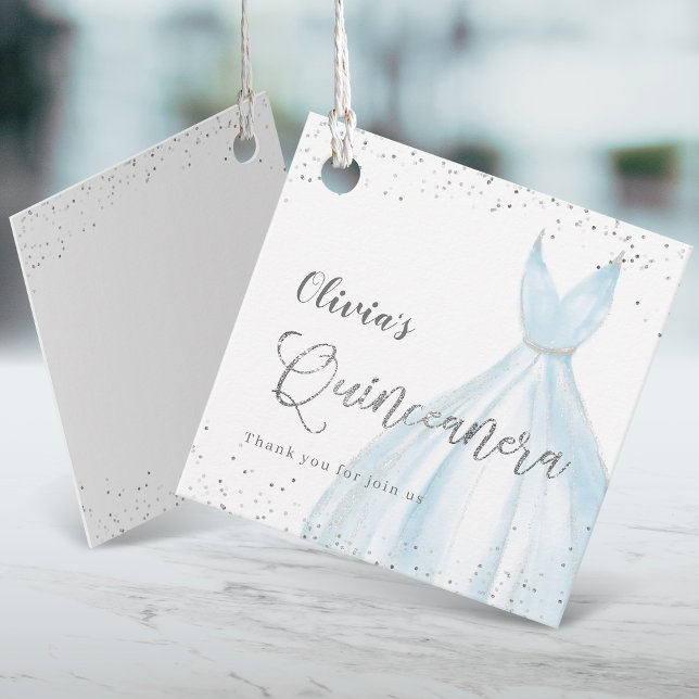 Eleganter Glitzer silberblaues Kleid quinceañera Geschenkanhänger (Elegant glitter silver blue dress quinceañera favor tags)