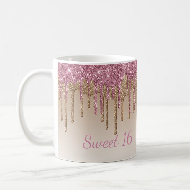 Eleganter Glitzer Sweet 16 Glam Script Ombré Spark Kaffeetasse (Links)