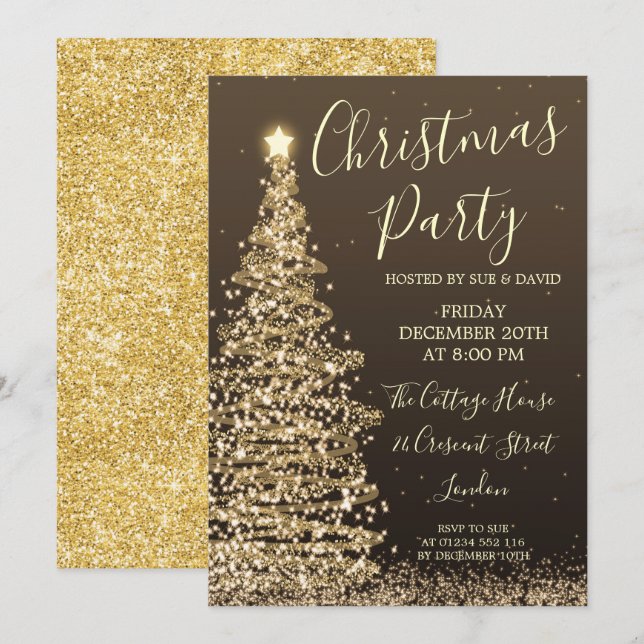 Eleganter Glitzer Tree Gold Party Einladung (Vorne/Hinten)
