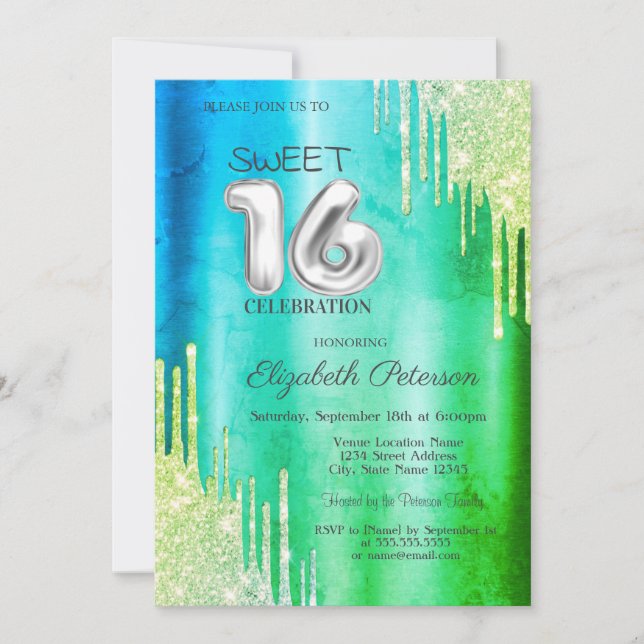 Eleganter Glitzer Tropfen Grüner Sweet 16 Einladung (Vorderseite)