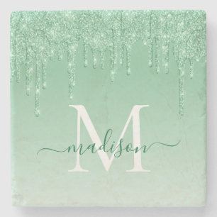 Eleganter Glitzer Tropfen Mint Green Monogram Scri Steinuntersetzer