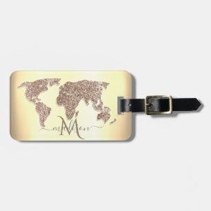 Eleganter Glitzer World Map Travel Monogram Gepäckanhänger