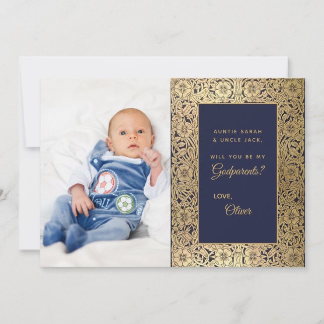 Eleganter Godparent Vorschlag Gold Blue Foto Card Dankeskarte (Vorderseite)