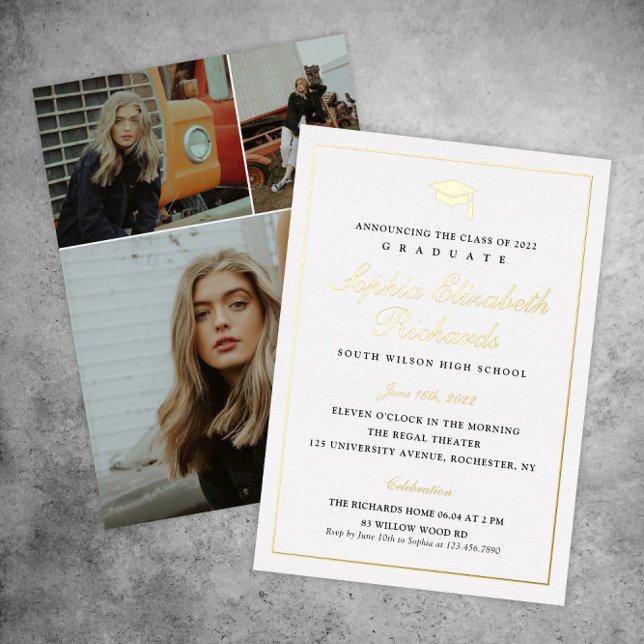 Eleganter Gold 3 Foto Abschluss Folieneinladung (Von Creator hochgeladen)