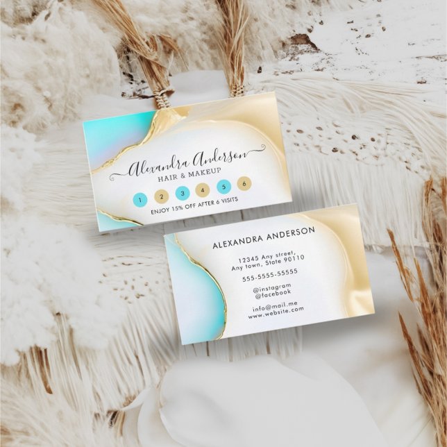 Eleganter Gold-Akzent aus blau-weißem Agate Treuekarte (Elegant Blue and White Agate Marble Gold Accents Loyalty Card)