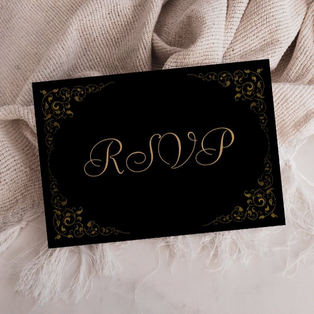 Eleganter Gold Black Botanical Frame Wedding RSVP (Von Creator hochgeladen)