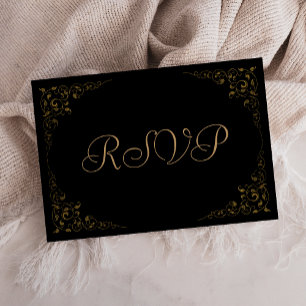 Eleganter Gold Black Botanical Frame Wedding RSVP Karte