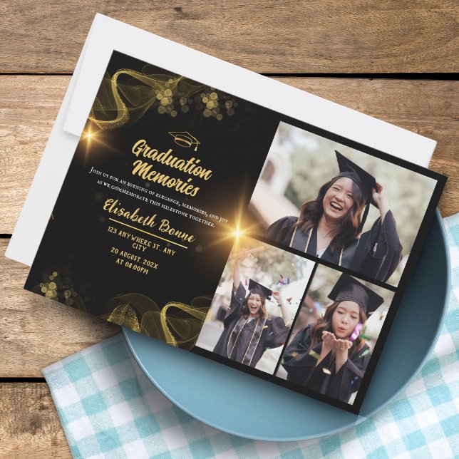 Eleganter Gold & Black Custom Abschluss lädt Sie e Einladung (Elegant Gold & Black Custom Graduation Invites – Personalized)
