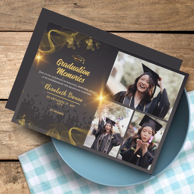 Eleganter Gold & Black Custom Abschluss lädt Sie e Einladung (Elegant Gold & Black Custom Graduation Invites – Personalized)