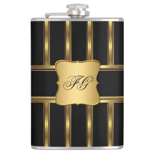 Eleganter Gold Black Metal Look Monogram Name Flachmann