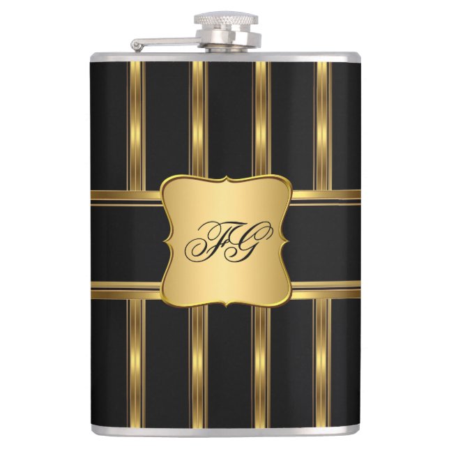 Eleganter Gold Black Metal Look Monogram Name Flachmann (Vorderseite)