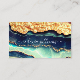 Eleganter Gold Blue Marble Agate Geode QR Code Visitenkarte