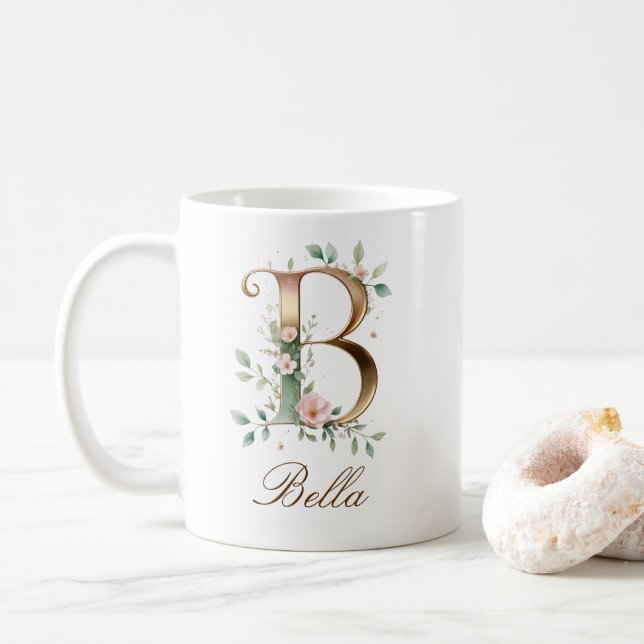 Eleganter Gold-Blumen-Initiale B Monogramm-Becher Kaffeetasse (Mit Donut)