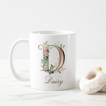 Eleganter Gold-Blumen-Initiale D-Monogramm-Becher