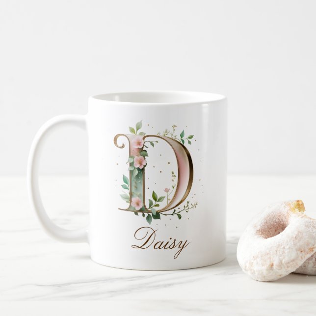 Eleganter Gold-Blumen-Initiale D-Monogramm-Becher Kaffeetasse (Mit Donut)