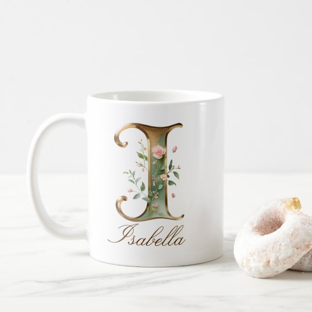 Eleganter Gold-Blumen-Initiale I Monogramm-Becher Kaffeetasse (Mit Donut)