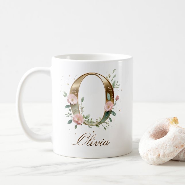 Eleganter Gold-Blumen-Initiale O Monogramm-Becher Kaffeetasse (Mit Donut)