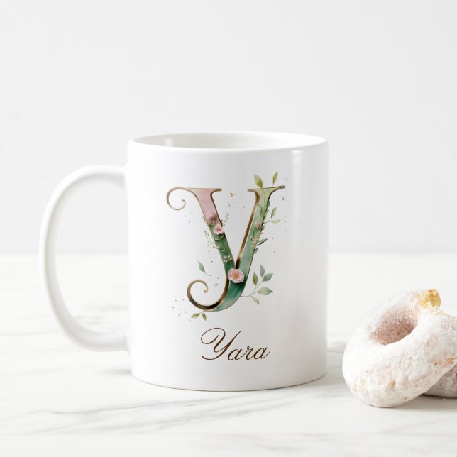 Eleganter Gold-Blumen-Initiale Y-Monogramm-Becher Kaffeetasse (Mit Donut)