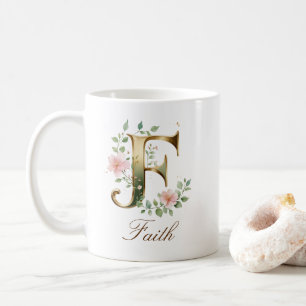 Eleganter Gold-Blumen-Initialen-F-Monogramm-Becher Kaffeetasse