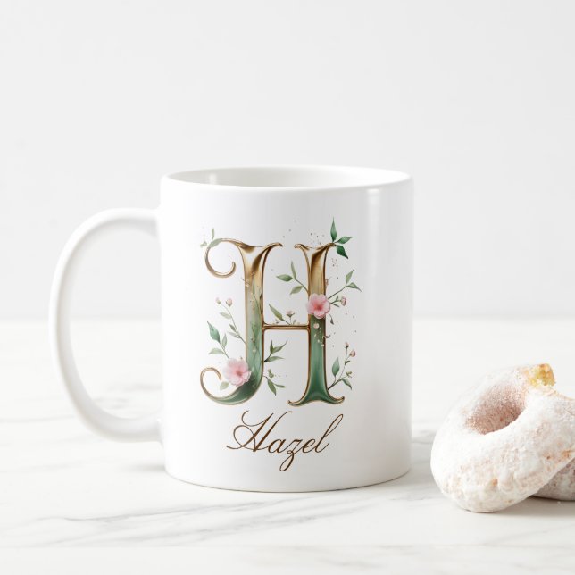 Eleganter Gold-Blumen-Initialen-H-Monogramm-Becher Kaffeetasse (Mit Donut)