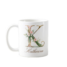 Eleganter Gold-Blumen-Initialen-K-Monogramm-Becher
