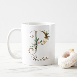 Eleganter Gold-Blumen-Initialen-P-Monogramm-Becher Kaffeetasse