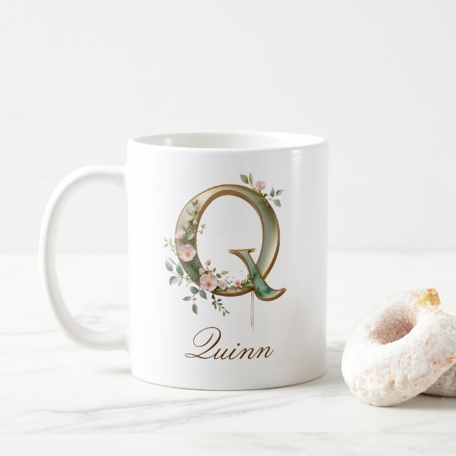 Eleganter Gold-Blumen-Initialen-Q-Monogramm-Becher Kaffeetasse (Mit Donut)