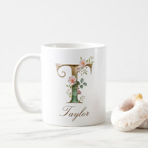Eleganter Gold-Blumen-Initialen-T-Monogramm-Becher Kaffeetasse
