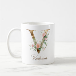 Eleganter Gold-Blumen-Initialen-V-Monogramm-Becher Kaffeetasse