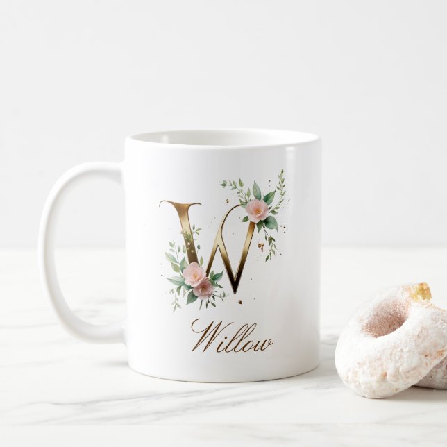 Eleganter Gold-Blumen-Initialen-W-Monogramm-Becher Kaffeetasse (Mit Donut)