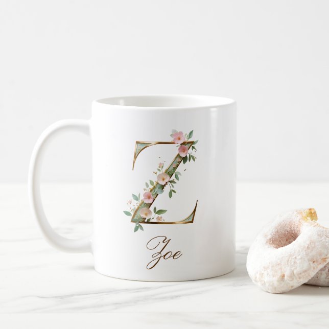 Eleganter Gold-Blumen-Initialen-Z-Monogramm-Becher Kaffeetasse (Mit Donut)