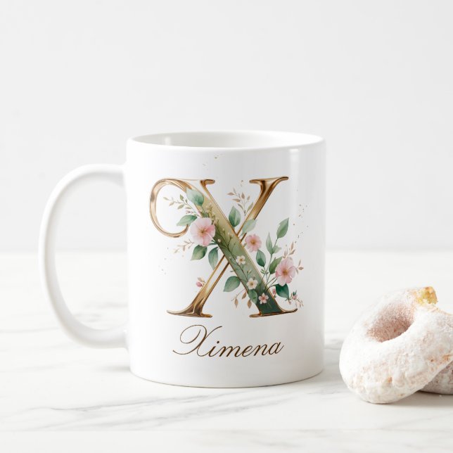 Eleganter Gold-Blumen-Letter-X-Monogramm-Becher Kaffeetasse (Mit Donut)