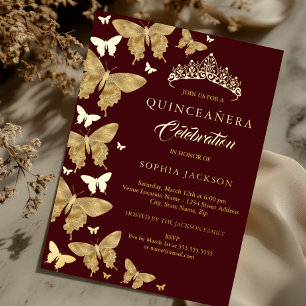 Eleganter Gold-Burgunder-Schmetterling Quinceanera Folieneinladung