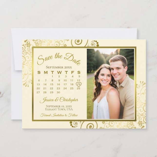 Eleganter Gold & Creme Kalender & Foto Hochzeit Save The Date (Vorderseite)