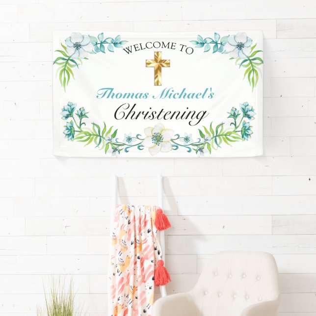 Eleganter Gold Cross Christening Empfang Willkomme Banner (Insitu)