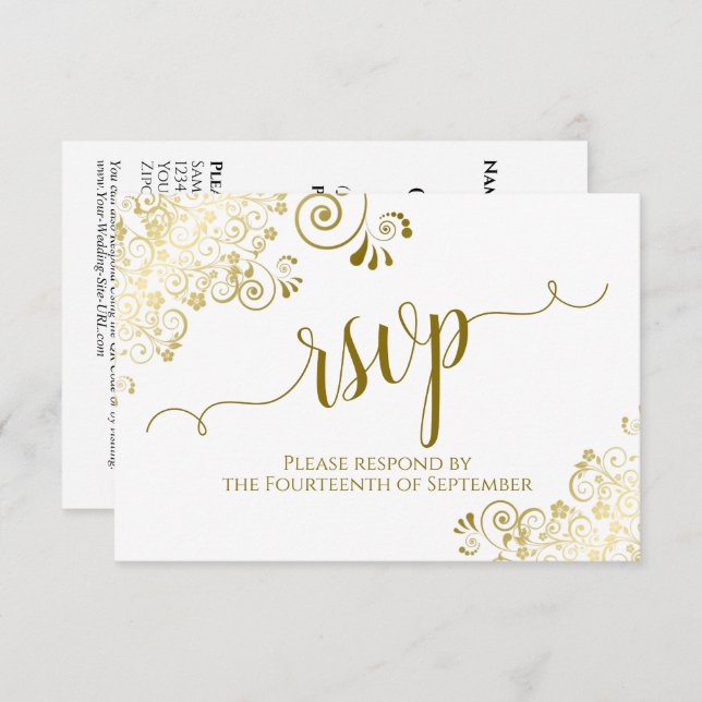 Eleganter Gold Curls & Calligraphy Wedding QR Code RSVP Karte (Vorne/Hinten)