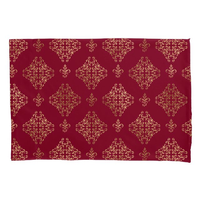 Eleganter Gold Damask auf Burgund Kissenbezug (Vorderseite)