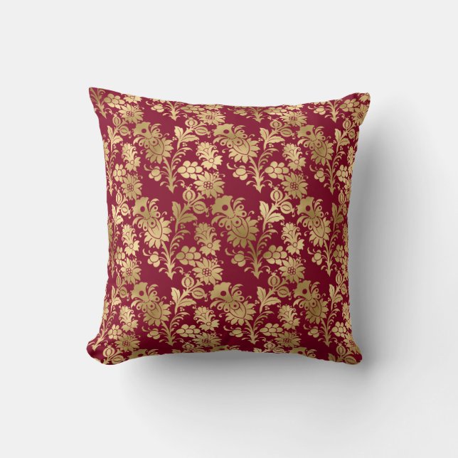 Eleganter Gold Damask auf Burgundy Throw Kissen (Vorderseite)
