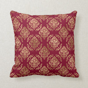 Eleganter Gold Damask auf Burgundy Throw Kissen