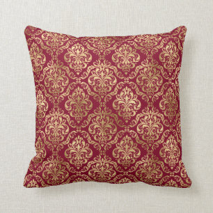 Eleganter Gold Damask auf Burgundy Throw Kissen