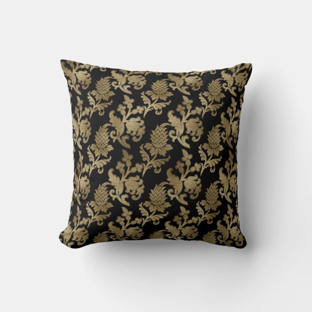 Eleganter Gold Damask auf schwarzem Kissen (Vorderseite)