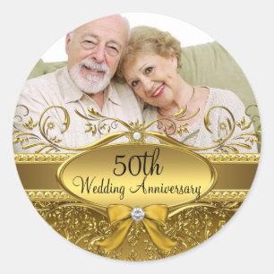 Eleganter Gold-Damask-Foto-50-Jahre-Jubiläums-Aufk Runder Aufkleber