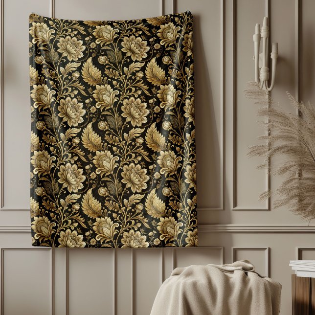 Eleganter Gold Damaskus Blanket im barocken schwar Fleecedecke (Elegant Gold Damask Blanket in Baroque Black Style)