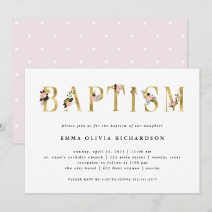 Eleganter Gold Floral Text Taufe Einladung