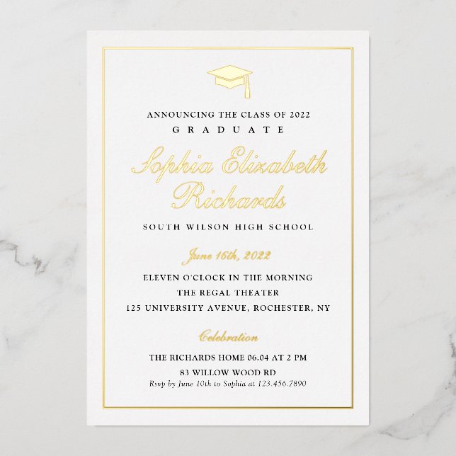 Eleganter Gold Foto Abschluss Folieneinladung (Vorderseite)