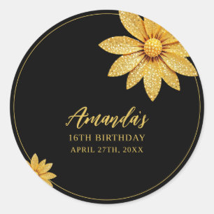 Eleganter Gold-Glitter-Blumen-Süßer-16-Geburtstag Runder Aufkleber