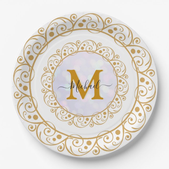 Eleganter Gold-Glitter-Initialbuchstabe & Name Pappteller (Vorderseite)