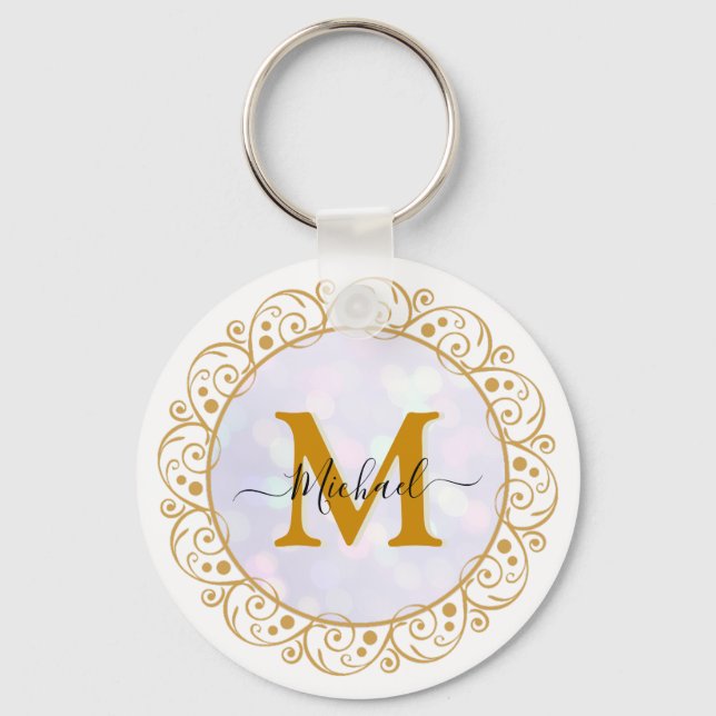 Eleganter Gold-Glitter-Initiale & Name Schlüsselanhänger (Vorderseite)